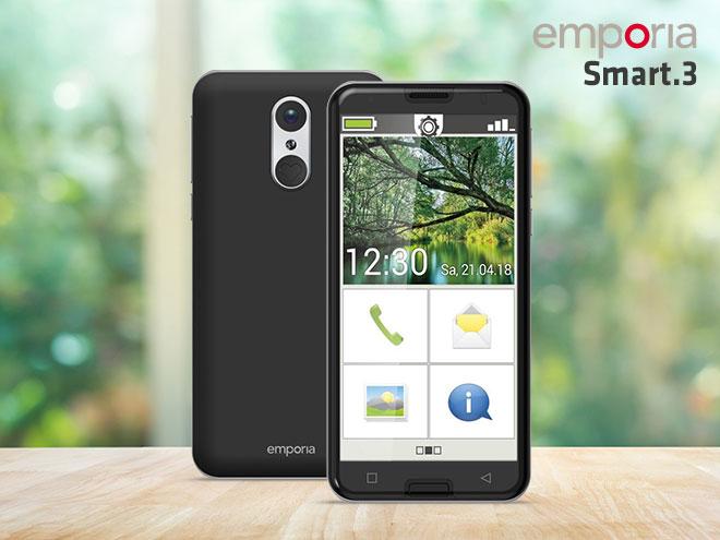 das Emporia Smart 3 mit einem großen Display und gut erkennbaren Symbolen sowie die Hinteransicht des Smartphones
