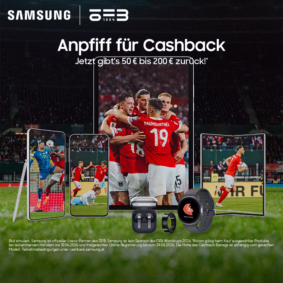  Samsung und &Ouml;FB bewerben in einem Fu&szlig;ballstadion die Aktion &bdquo;Anpfiff f&uuml;r Cashback&ldquo;. Zu sehen sind verschiedene Samsung Ger&auml;te wie Smartphone, Tablet, Smartwatch und In Ear Kopfh&ouml;rer mit Spielszenen der &ouml;sterreichischen Nationalmannschaft. Beworben wird eine Cashback Promo von 50 und bis zu 200 Euro R&uuml;ckerstattung beim Kauf ausgew&auml;hlter Samsung Produkte.