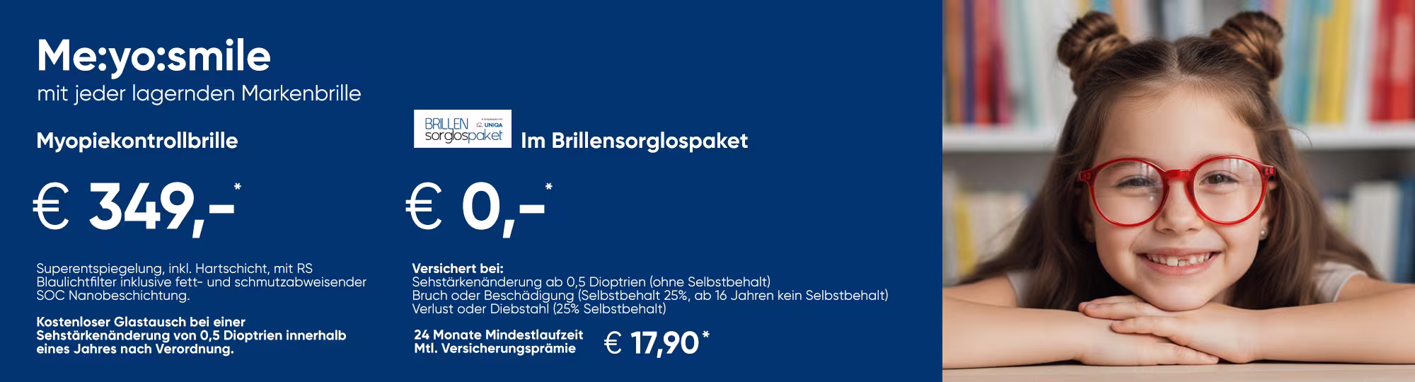 Preistafel für Meyosmile Brillengläser, Myopiegläser für Augen im Wachstum, Angebot mit und ohne BSP