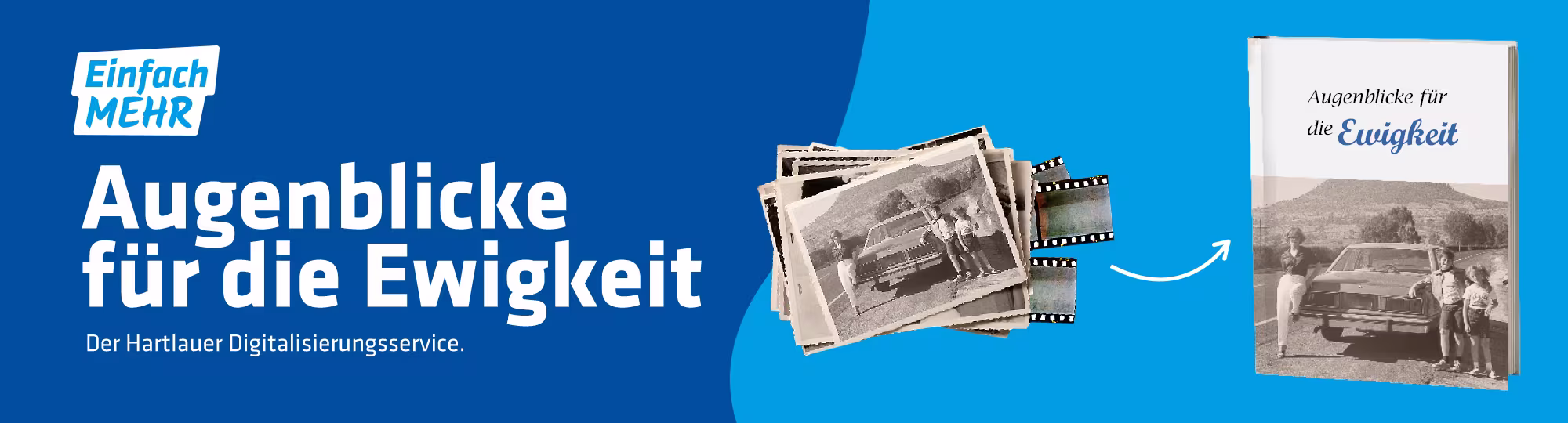 Schwarzweißbilder und Kleinbildnegative neben einem Fotoalbum mit Titeltext „Augenblicke für die Ewigkeit“ und einem Titelbild in Schwarzweiß