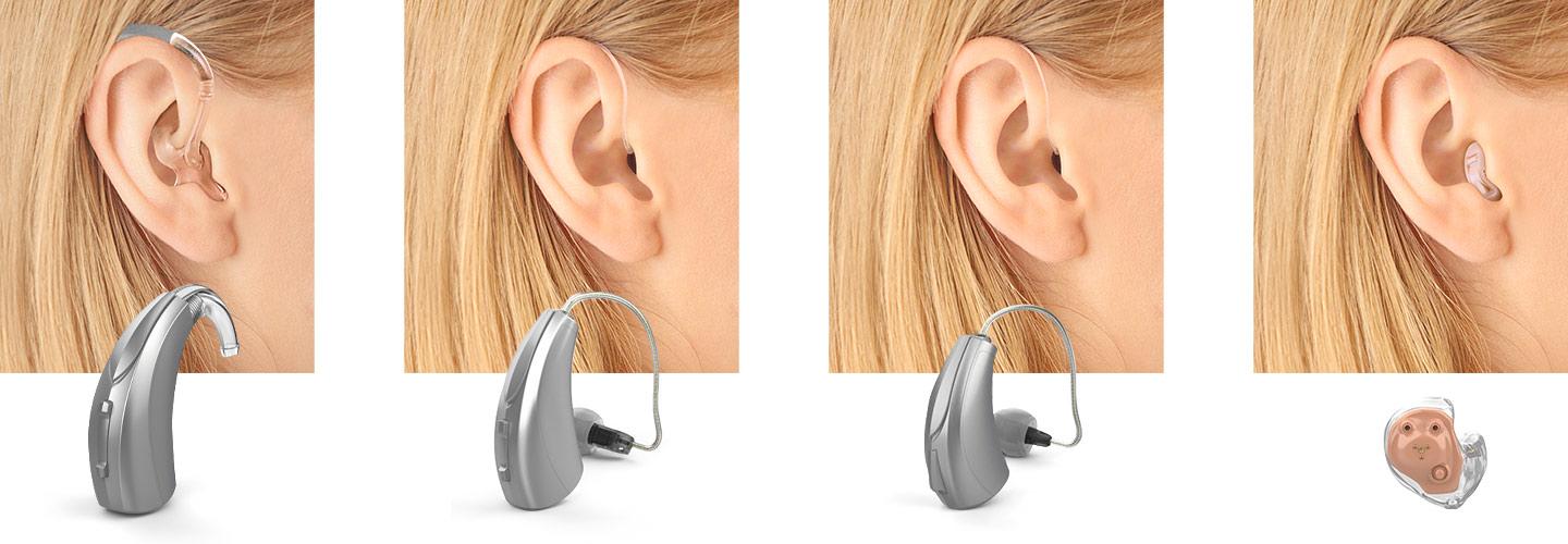 Abbildung von vier Ohren mit unterschiedlichen Hörgeräte-Arten