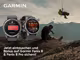 Garmin‑Logo und zwei Garmin Fenix 8‑Uhren links (eine zeigt eine SOS‑Nachricht), rechts ein verletzter Wanderer auf einem Felsen und ein Rettungssanit&auml;ter wird per Seil abgeseilt, Bergkulisse; Werbetext auf Deutsch.