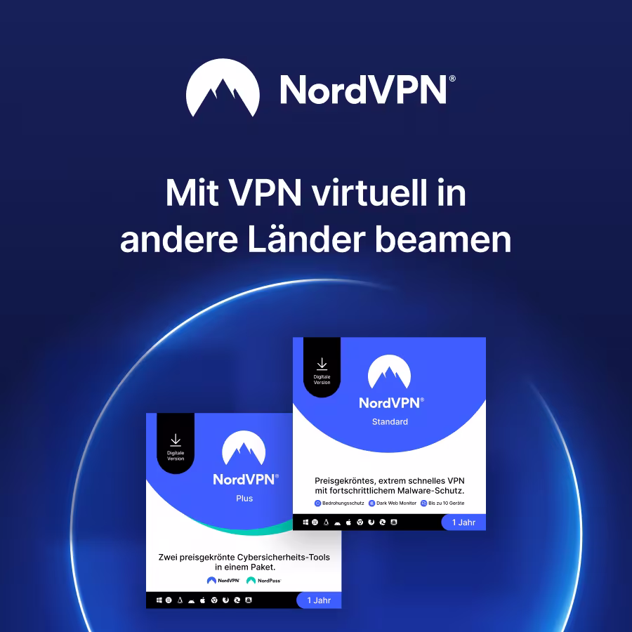 Blauer Hintergrund mit folgendem Text: "NordVPN. Mit VPN virtuell in andere L&auml;nder beamen,"