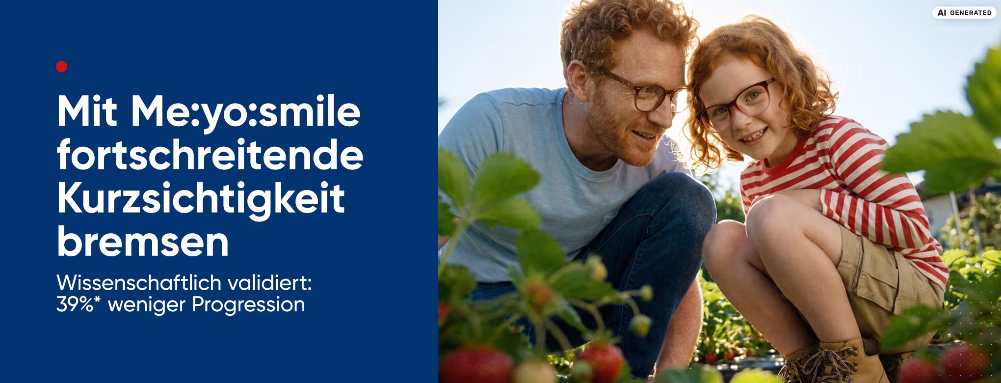 Me:yo:smile, das Myopieglas f&uuml;r Kinderaugen. Wissenschaftlich validiert, bremst es das Fortschreiten der Kurzsichtigkeit. Bei Hartlauer erh&auml;ltlich. Abb.: Szenen diverser Kinder in Alltagssituationen, wie Balletttanz, Computerspiel, im Garten mit Eltern oder spielend am Fluss. 