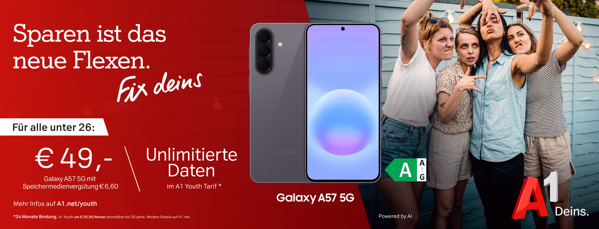 Tarifgrafik von A1 mit folgendem Text: "Sparen ist das neue Flexen. Fix deins. F&uuml;r alle unter 26: 49&euro;. Galaxy A57 5G mit Speichermedienverg&uuml;tung 6.60&euro;. Unlimitierte Daten im A1 Youth Tarif."