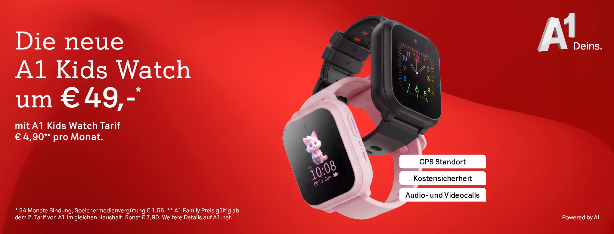 A1 Tarifgrafik mit folgendem Text: "Die neue A1 Kids Watch um 49&euro;. Mit A1 Kids Watch Tarif 4,90&euro; pro Monat. GPS Standort. Kostensicherheit. Audio- und Videocalls."