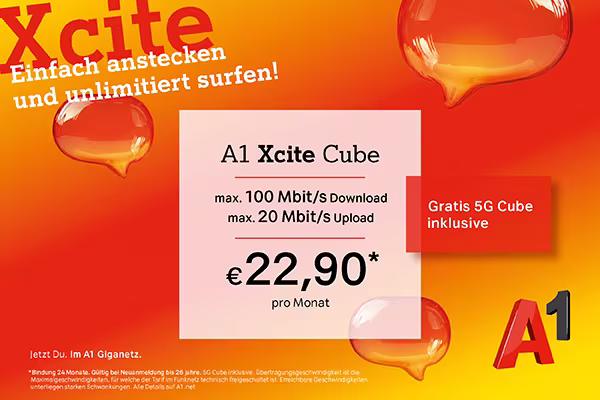 A1 Logo auf orange-gelbem Hintergrund mit folgendem Text: "A1 Xcite Cube. Maximal 100 Mbit pro Sekunde Download und maximal 20 Mbit pro Sekunde Upload. 22,90€ pro Monat. Gratis 5G Cube inklusive. Einfach anstecken und unlimitiert surfen!"