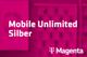 Magenta tarif Mobile Unlimited Silber and magenta logo against blurred pink background with cell phone section in Hartlauer store