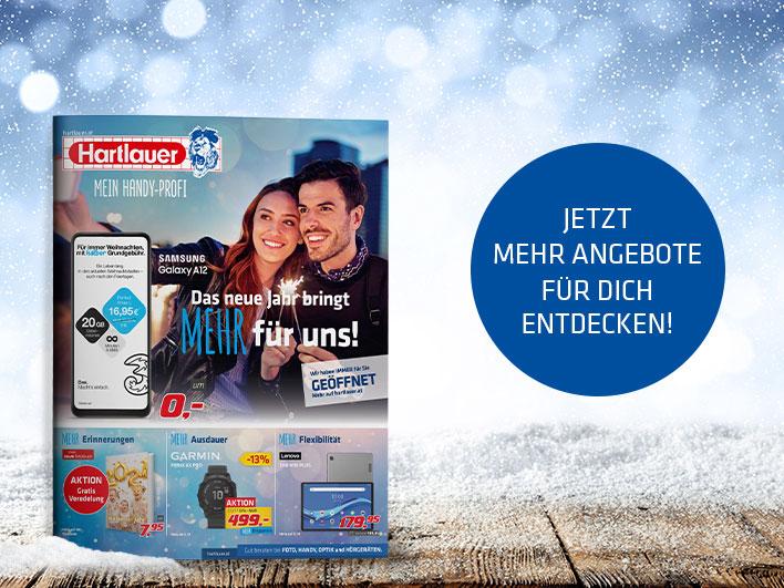 Hartlauer Jänner Flugblatt vor verschneiten Hintergrund mit “Jetzt mehr Angebote”-Störer
