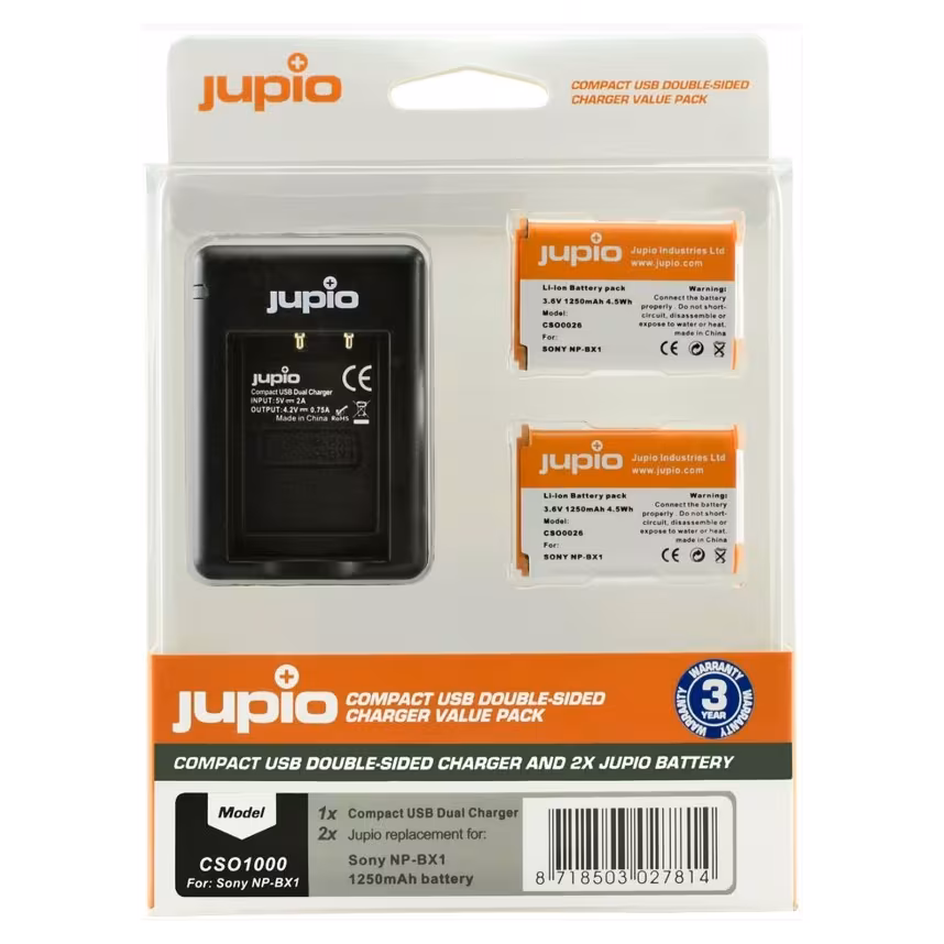 Jupio Compact USB Double-Sided Charger + 2x Sony NP-BX1