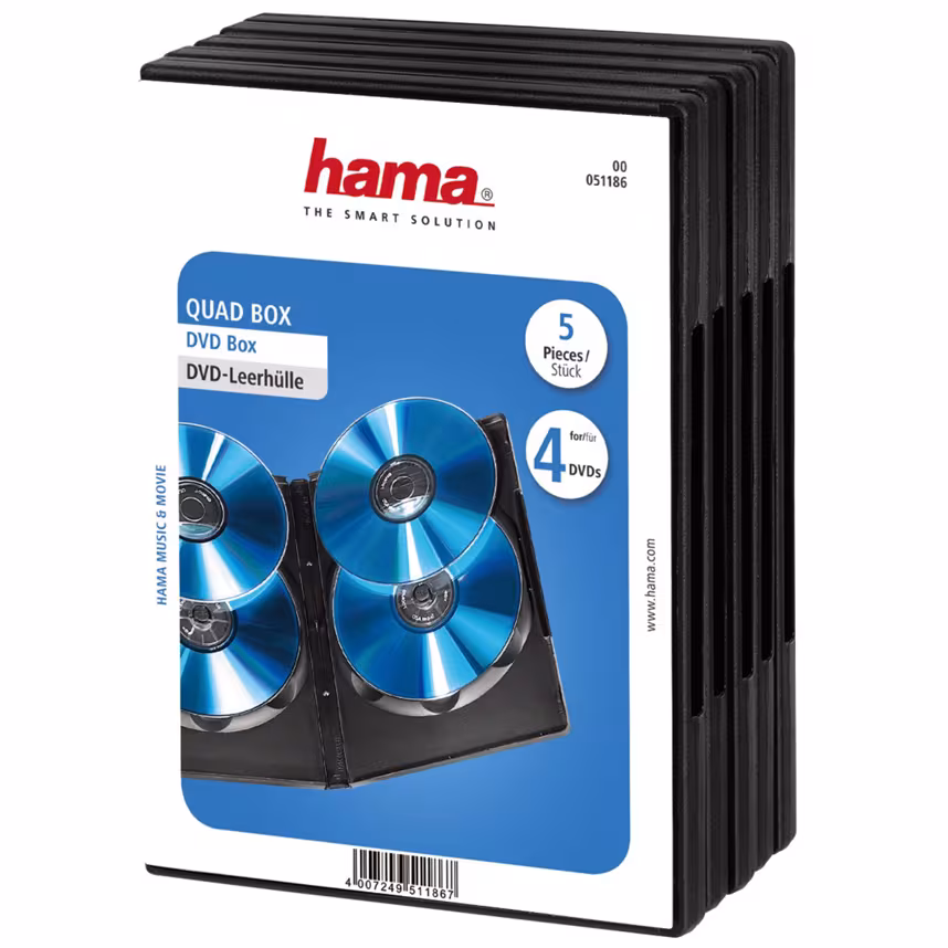 Hama 51186 DVD-Leerhülle Quad Box, 5er-Pack, Schwarz