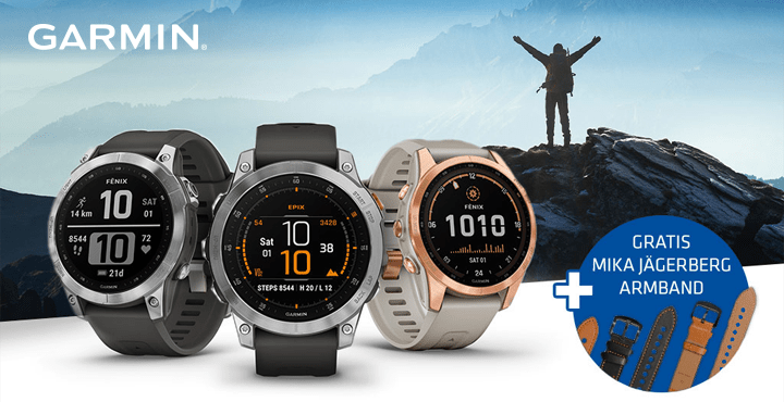 Drei Garmin Smartwatch-Modelle von Hartlauer mit einem Wanderer und Bergen im Hintergrund. Auf der Grafik steht folgender Text: "Gratis Mika Jägerberg Armband." 