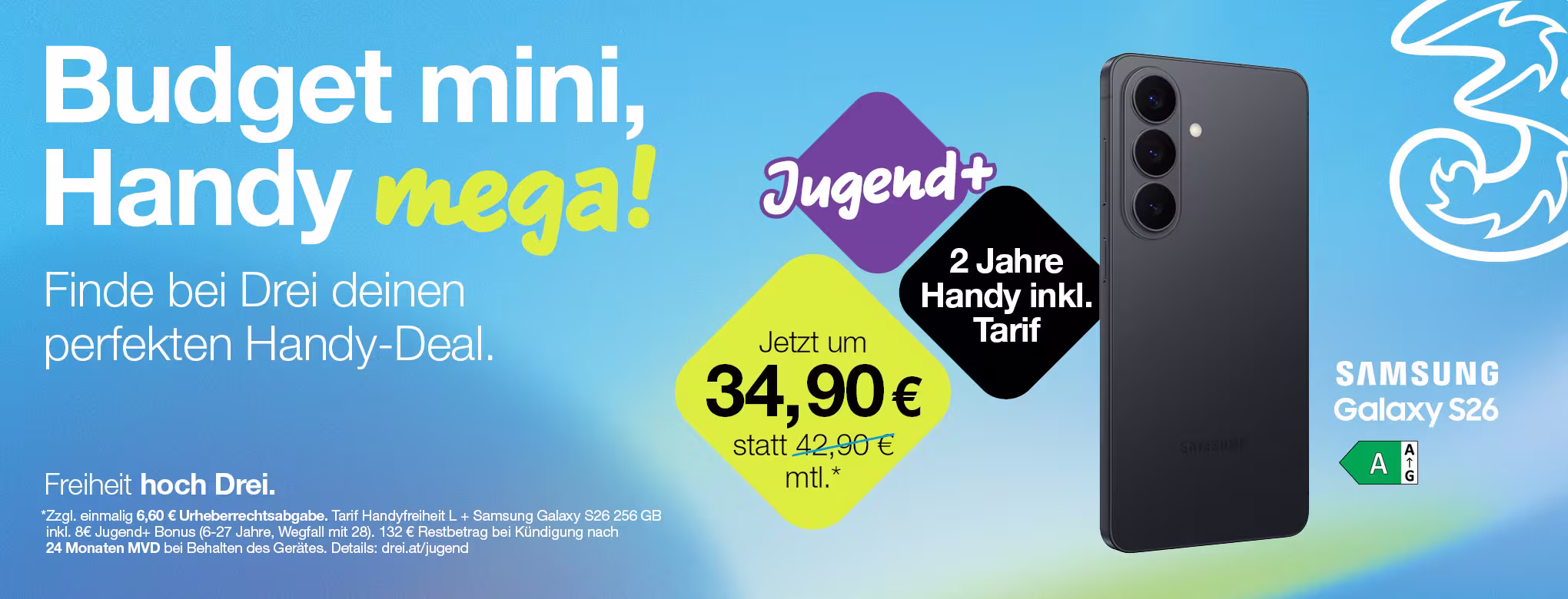 Drei Tarifgrafik mit folgenden Text: "Budget mini, Handy mega! Finde bei Drei deinen perfekten Handy-Deal. Freiheit hoch Drei."