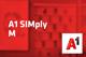 A1 SIMply M Tarif und A1-Logo vor unscharfem roten Hintergrund mit Handyabteilung in Hartlauer Geschäft