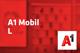A1 Mobil L Tarif und A1-Logo vor unscharfem roten Hintergrund mit Handyabteilung in Hartlauer Geschäft