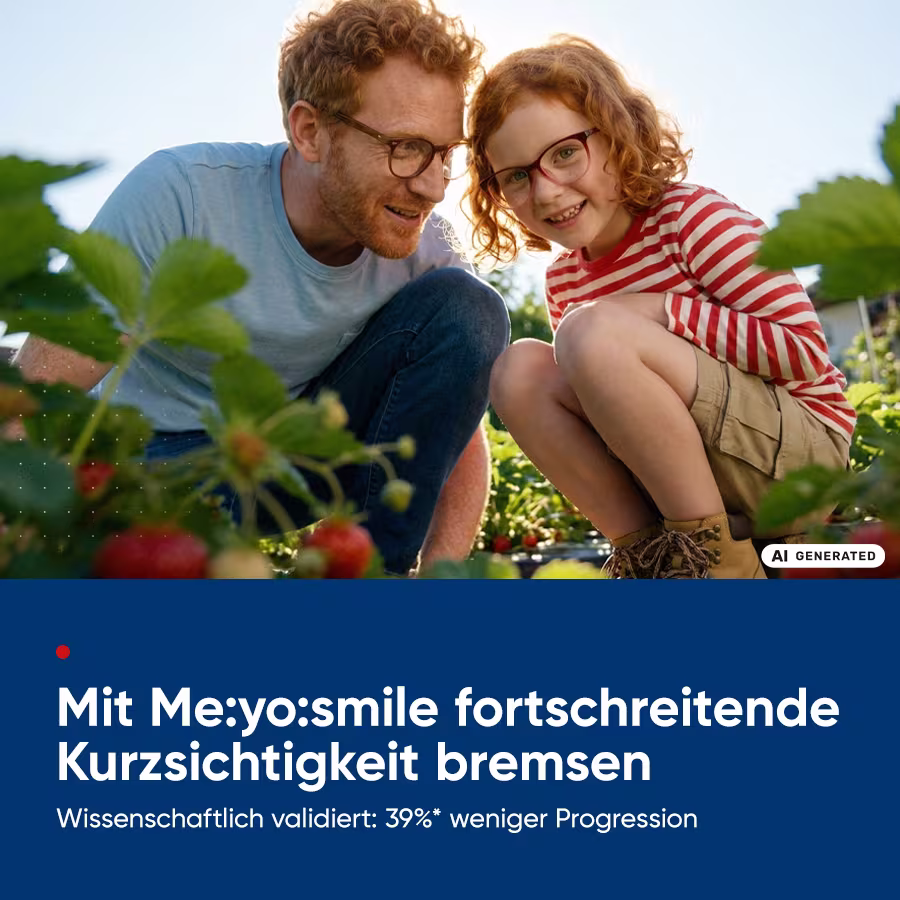 Me:yo:smile, das Myopieglas f&uuml;r Kinderaugen. Wissenschaftlich validiert, bremst es das Fortschreiten der Kurzsichtigkeit. Bei Hartlauer erh&auml;ltlich. Abb.: Szenen diverser Kinder in Alltagssituationen, wie Balletttanz, Computerspiel, im Garten mit Eltern oder spielend am Fluss. 