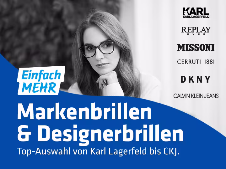 Frau mit Brille neben Logos aus der Hartlauer Markenwelt für Markenbrillen
