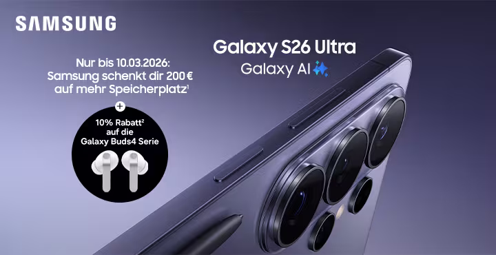 Samsung Logo, Samsung Galaxy S26 Ultra seitlich abgebildet & Galaxy Buds4 Serie


