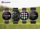 4 Huawei Smartwatch-Modelle in Schwarz auf Rasen neben Huawei-Logo