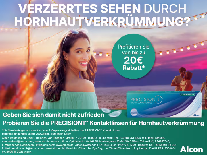 Eine Frau lächelt in die Kamera. Vor ihr sind die Precision One Kontaktlinsen für Astigmatismus von Alcon abgebildet. Daneben steht folgender Text: "Verzerrtes Sehen durch Hornhautverkrümmung? Geben Sie sich damit nicht zufrieden. Profitieren Sie von bis zu 20€ Rabatt. Pobieren Sie die Precision1 Kontaktlinsen für Hornhautverkrümmung."