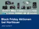 Aktionsgrafik im Rahmen der Black Week mit folgendem Text: "Black Friday Aktionen bei Hartlauer. Jetzt sichern!" Darüber sind Foto Produkte wie Kameras und eine Drohne abgebildet sowie folgende Herstellernamen: "Sony, Nikon, Canon, OM System, Rollei, GoPro, Sigma, Tamron, Dji und Insta360."