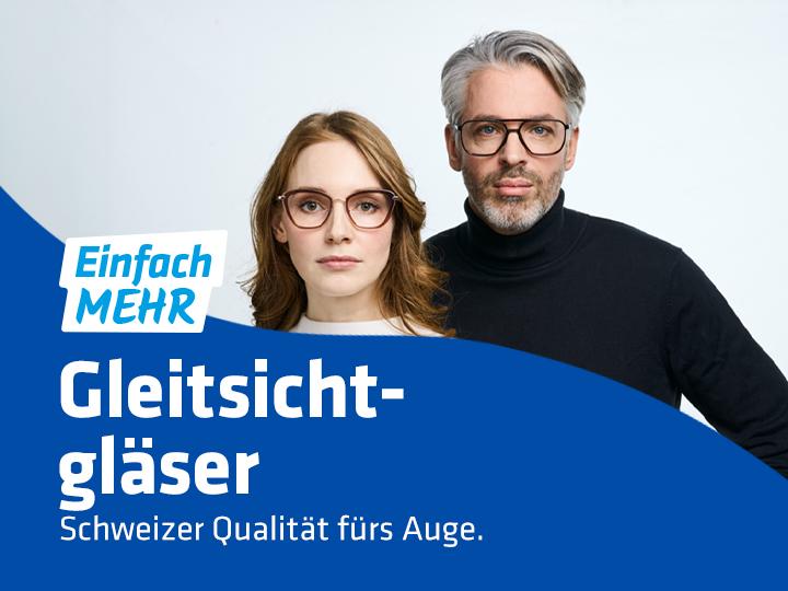 Mann und Frau mit Gleitsichtbrillen von Hartlauer und Grafiktext “Gleitsichtgläser”