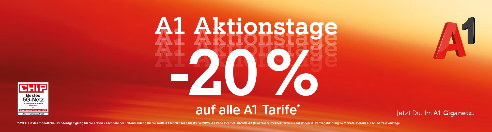 Grafik von A1 mit folgendem Text: "A1 Aktionstage. -20% auf alle A1 Tarife. Gültig bis 06.04.."