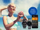 Joggerin mit Kopfhörern in den Ohren blickt auf ihre Smartwatch, daneben zwei Smartwatches und ein Smartphone