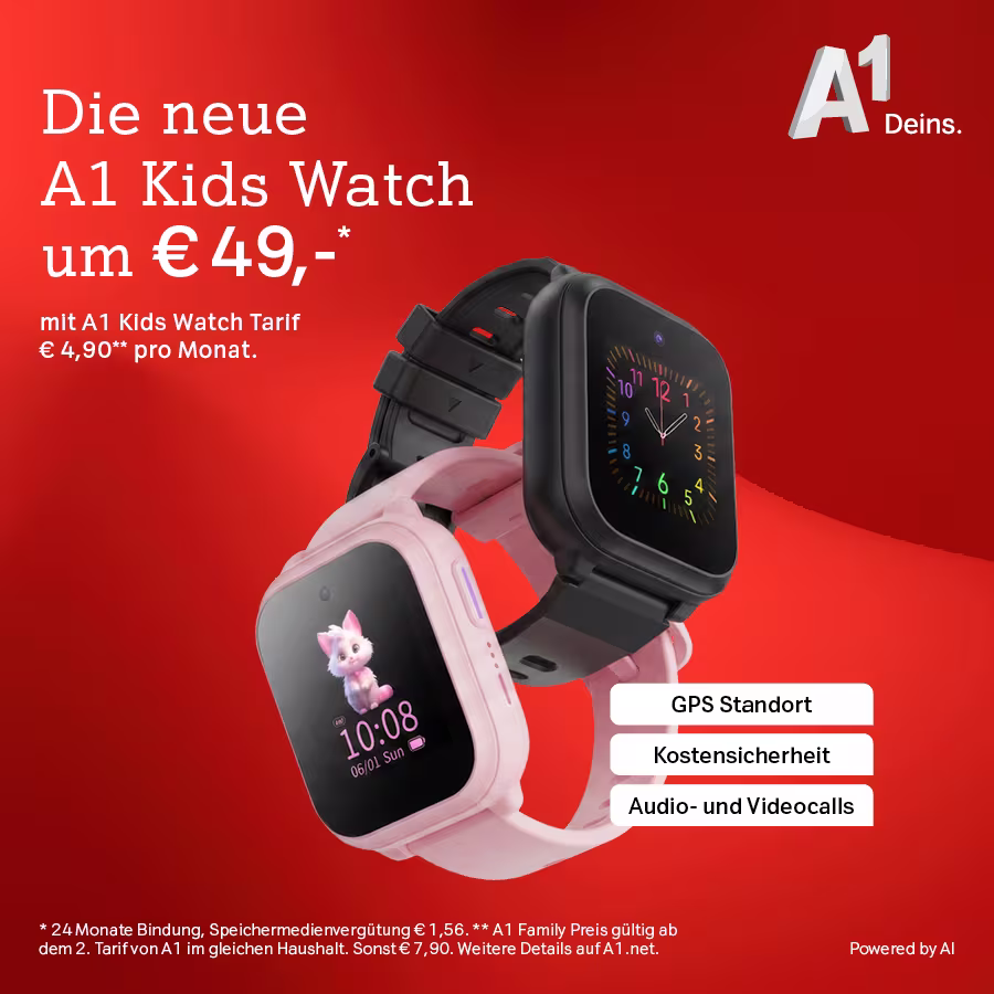 A1 Tarifgrafik mit folgendem Text: "Die neue A1 Kids Watch um 49&euro;. Mit A1 Kids Watch Tarif 4,90&euro; pro Monat. GPS Standort. Kostensicherheit. Audio- und Videocalls."